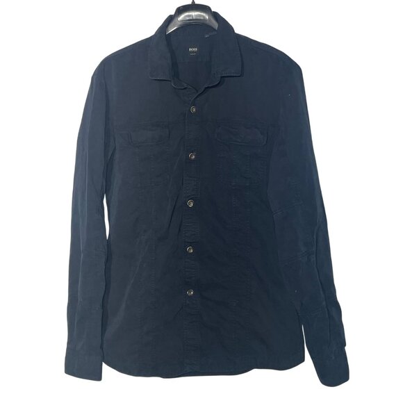 Boss Hugo Boss Slim Fit Cotton Button Down Shirt Black Sz LG Chest Pockets - Picture 1 of 6